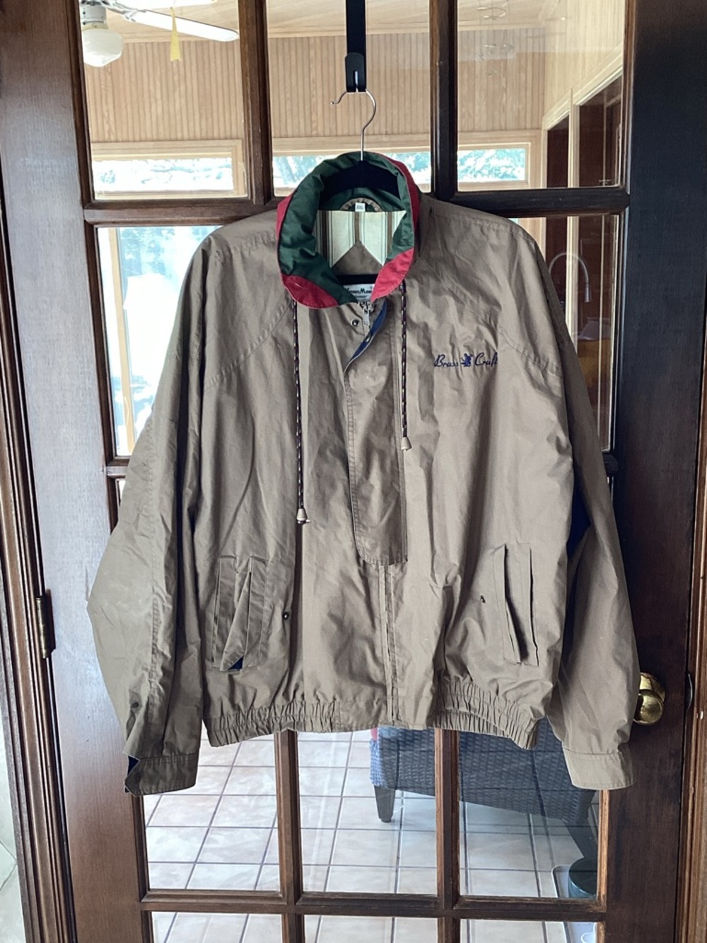 Men’s Tan Windbreaker Jacket with Green & Red Hood Trim
